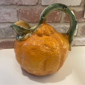 Vintage Majolica Orange Shaped Pitcher Bright Colorful 8”x7” Crazing See Photos